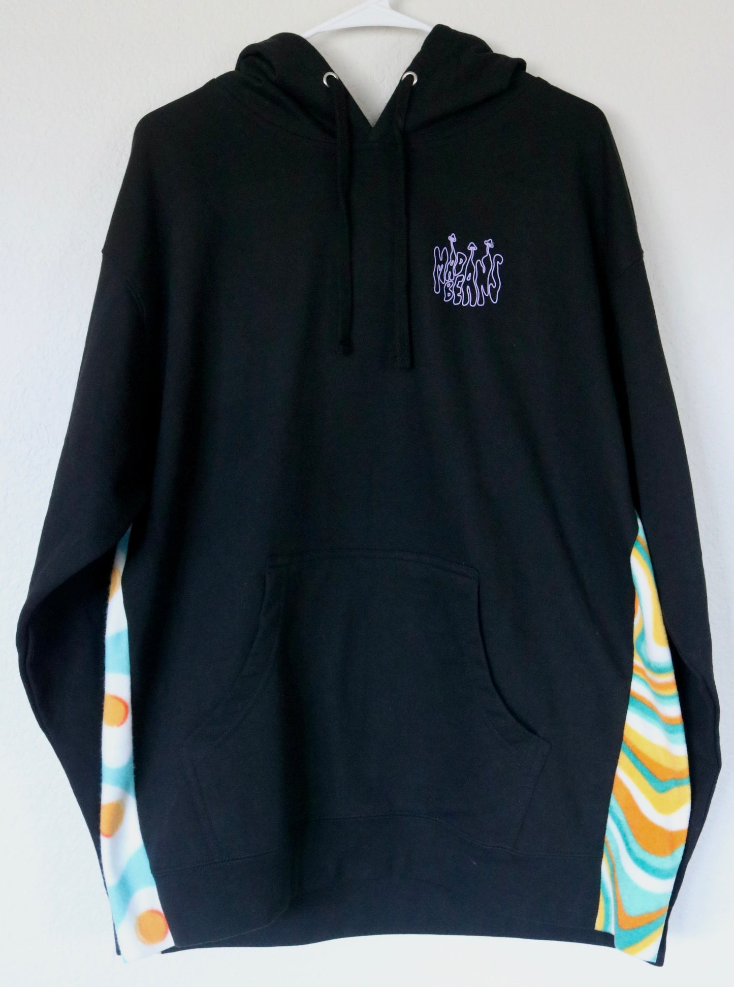 Large Hoodie with Blue/Orange Swirls and Eggs Fleece Panels