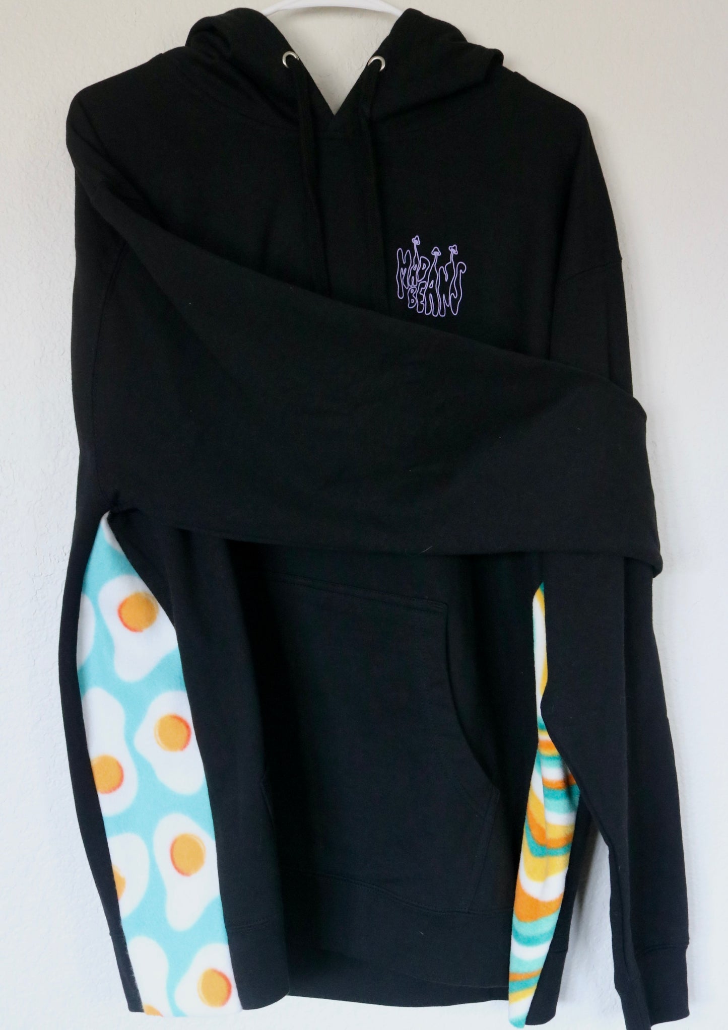 Large Hoodie with Blue/Orange Swirls and Eggs Fleece Panels