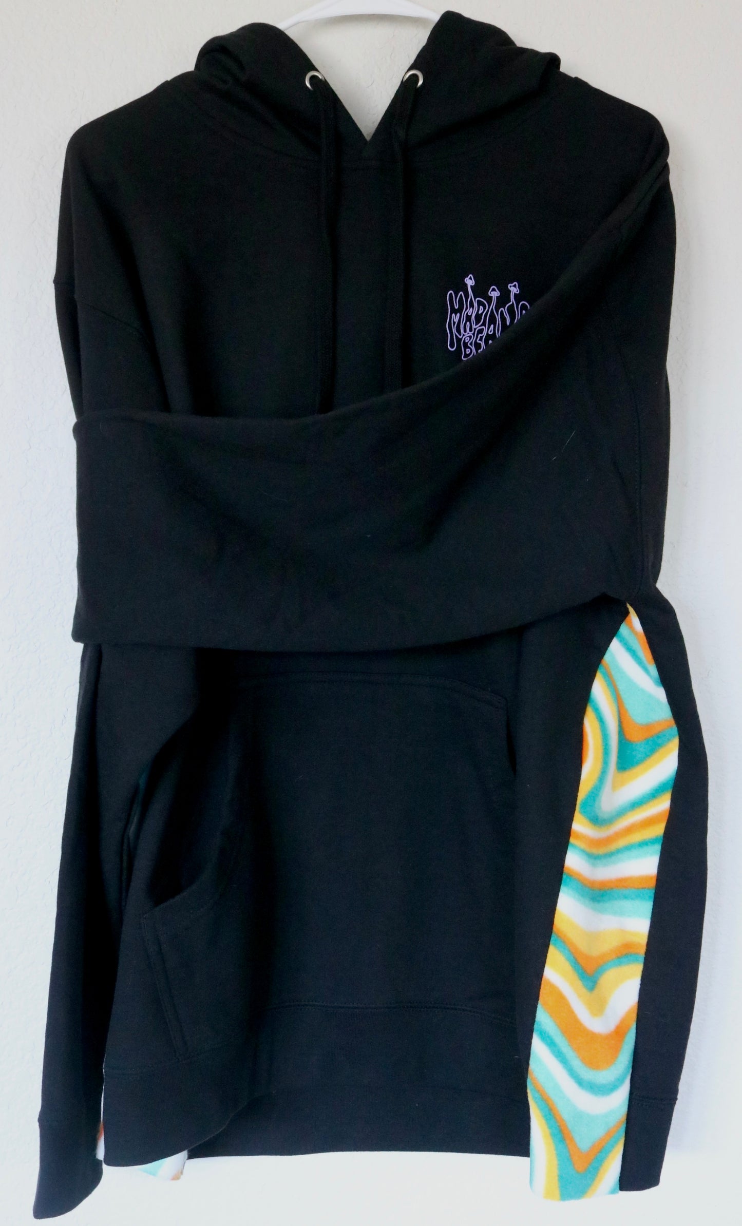 Large Hoodie with Blue/Orange Swirls and Eggs Fleece Panels