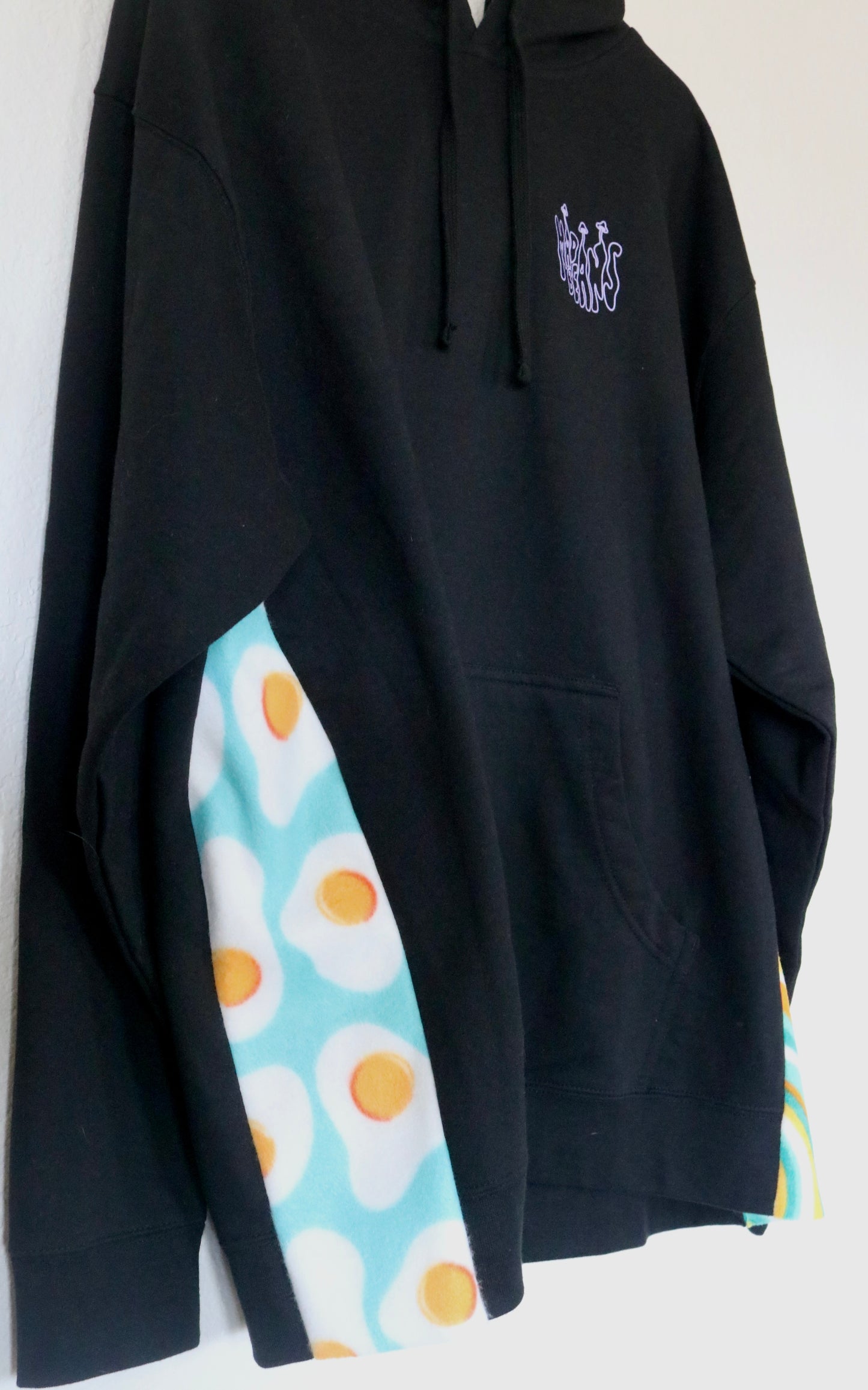 Large Hoodie with Blue/Orange Swirls and Eggs Fleece Panels