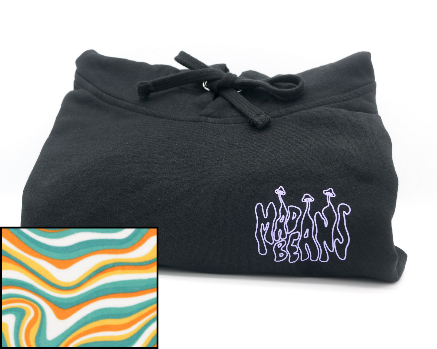 XL MadBeans Hoodie with Blue and Orange Swirls Fleece Panels